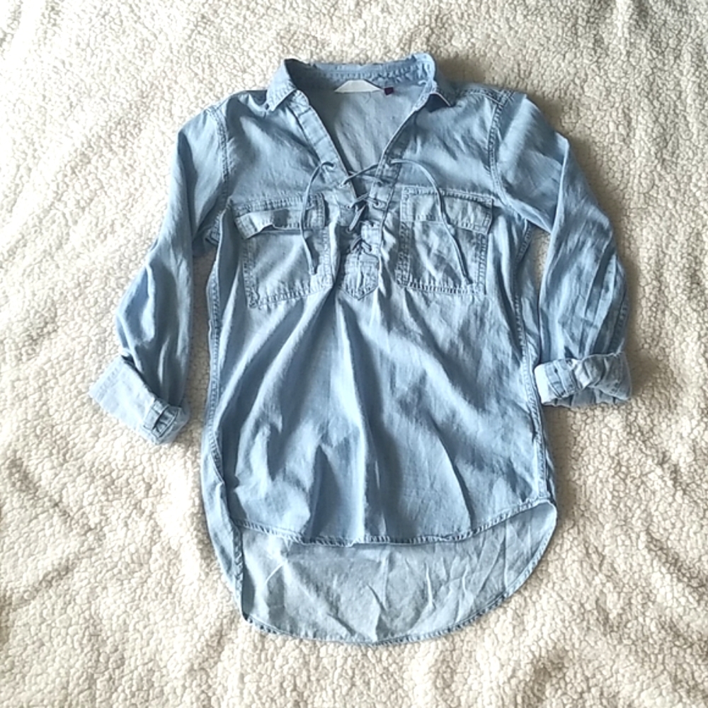 SO XS Lace Up Cotton Denim Pattern Blouse